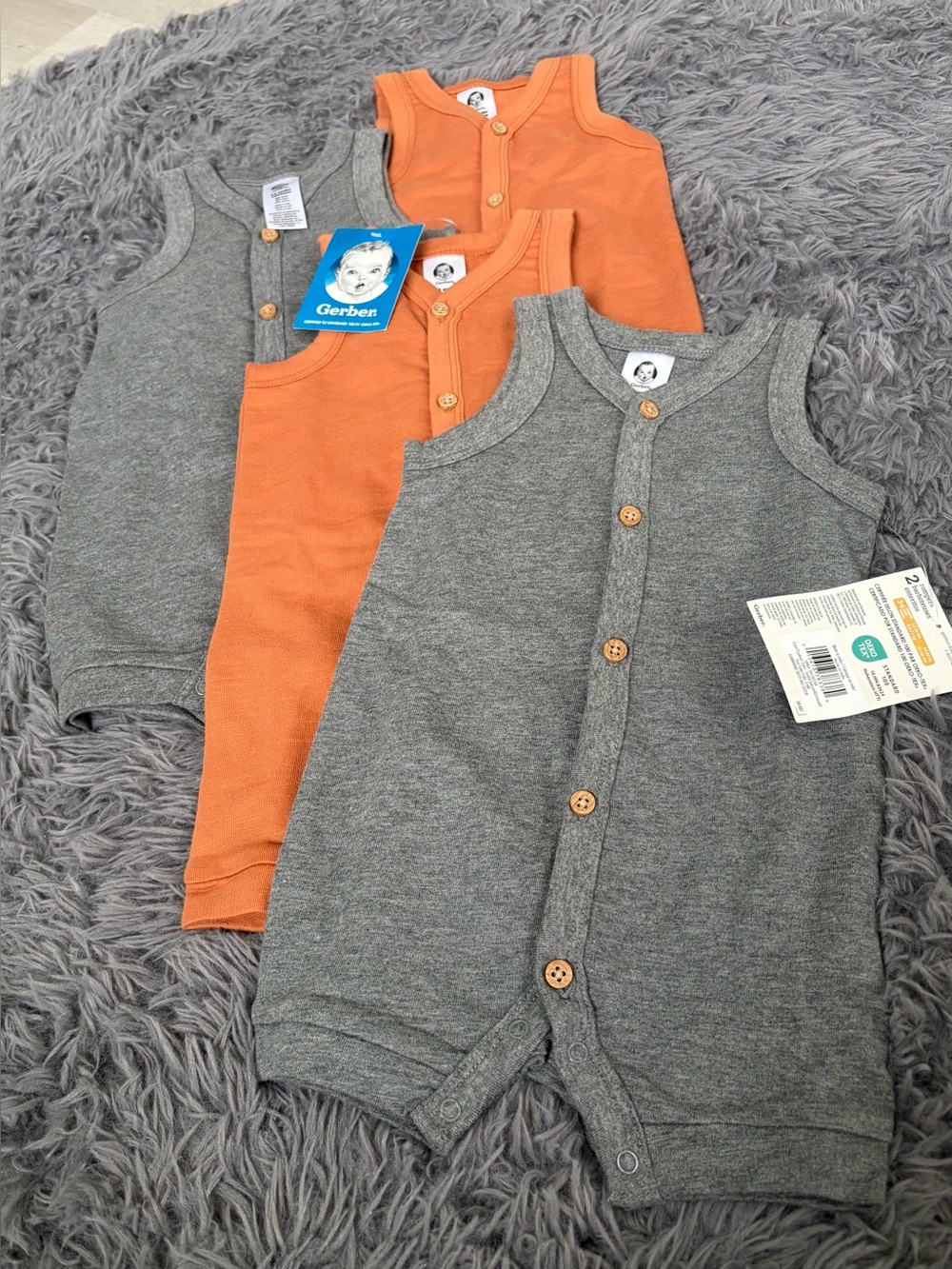 NWT Gerber Baby 3-6 mo Sleeveless Romper 2 Sets- 2 Gray 2 rust (4 total)